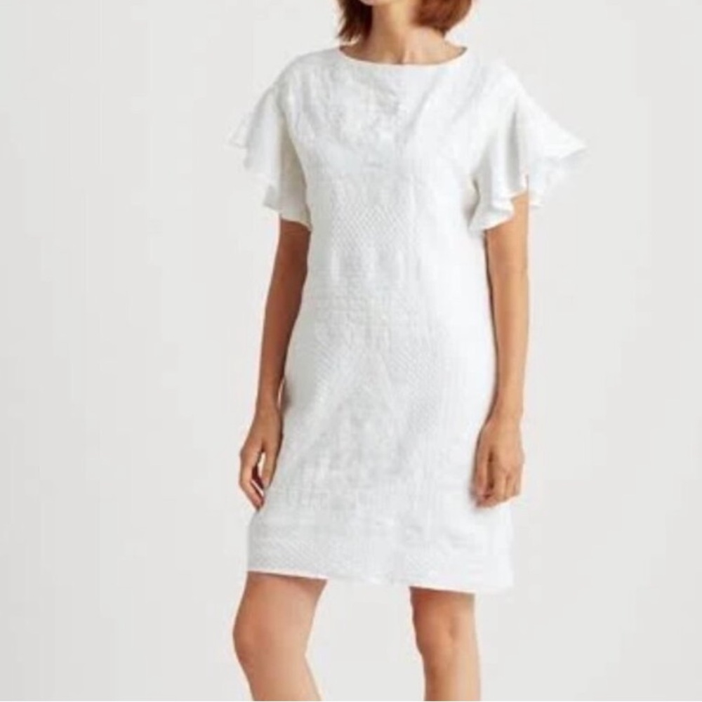 Lauren Ralph Lauren White Embroidered Flutter Sleeve 100% Linen Dress. Size 14.